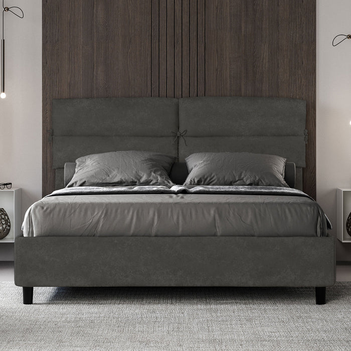 Letto Matrimoniale 160x210 cm con Rete e Contenitore con Testata e Alzata Comoda Imbottito in Microfibra Nandy Grigio