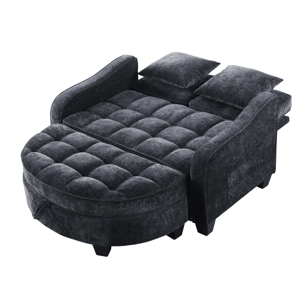 Divano letto 2 in 1 con pouf contenitore; 132x129x93 cm; in eucalipto; nero