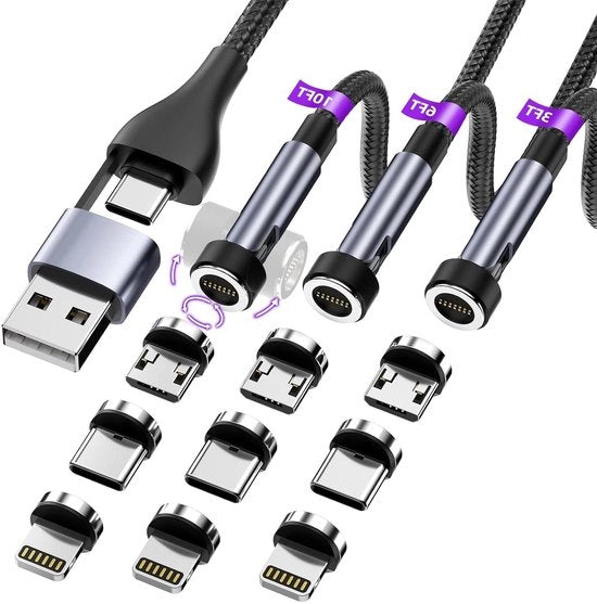 Cavo di ricarica magnetico 5-in-1 con rotazione 360° e 180° per smartphone - Nero - 3-pack con trasferimento dati.