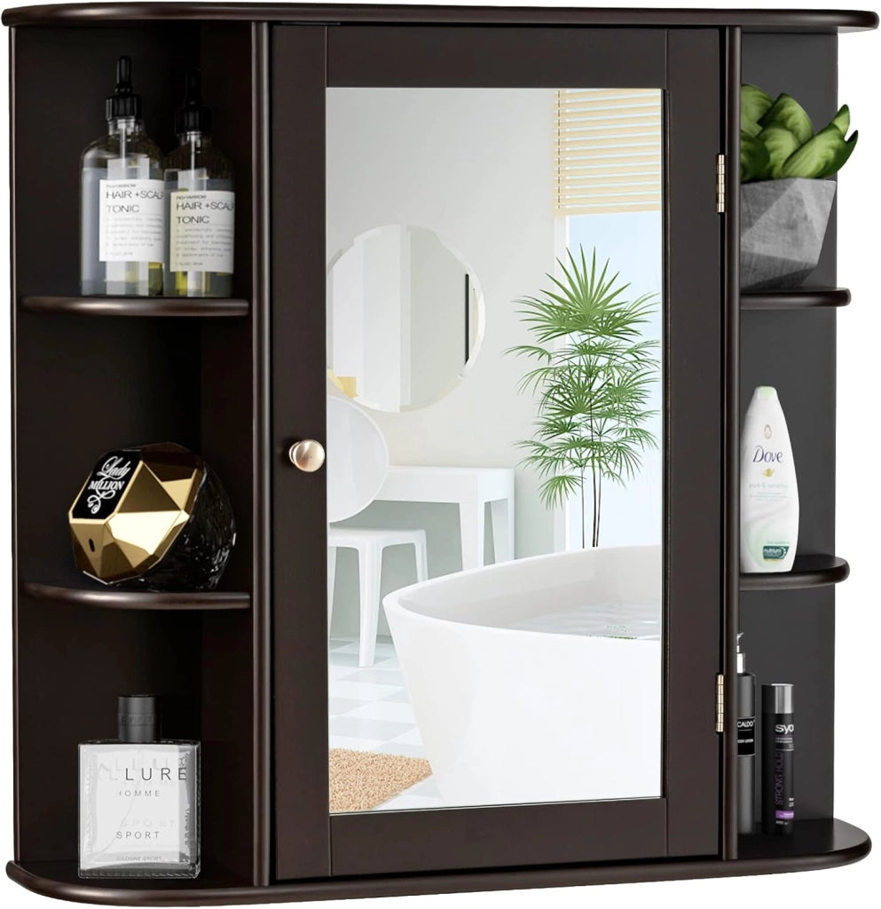 Armadietto Bagno a Parete, Mobiletto Pensile in Legno con Ante di Specchio, 6 Scomparti Laterali e 4 Ripiani di Stoccaggio, 3 Colori Disponibili, 65x17x64cm (Grigio)