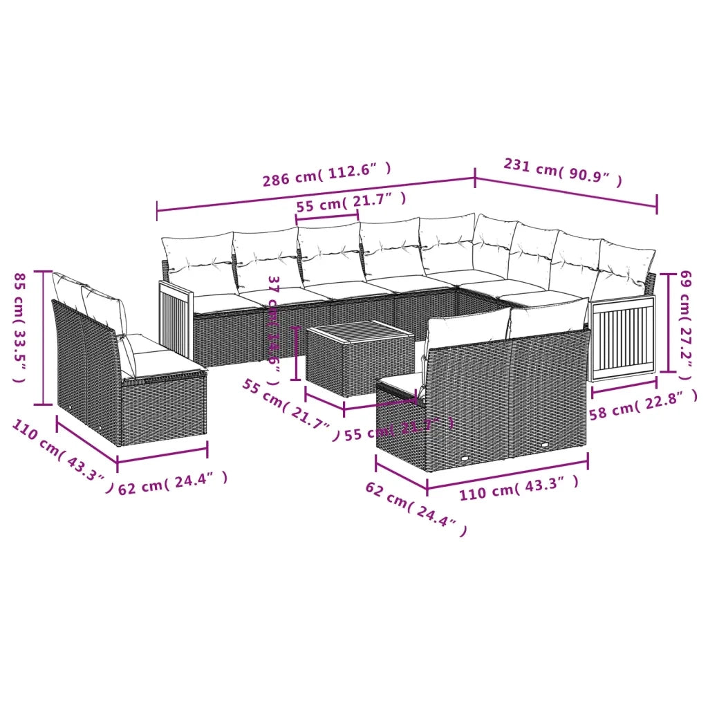 Set Divano da Giardino 13 pz con Cuscini Beige in Polyrattan