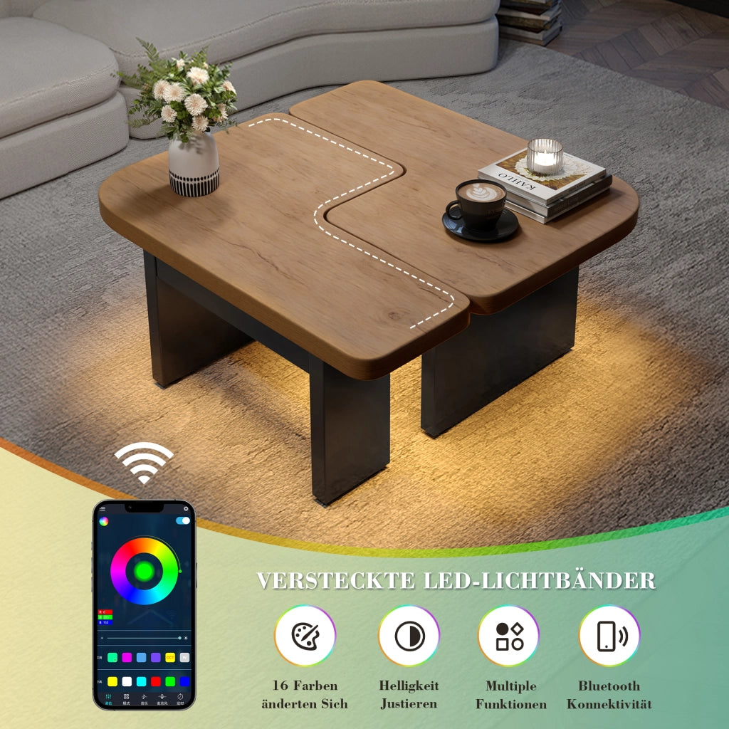 Tavolini da Salotto Impilabili con 2 Cassetti; LED e Piedini Regolabili; Stile Moderno; in MDF; Naturale e Nero