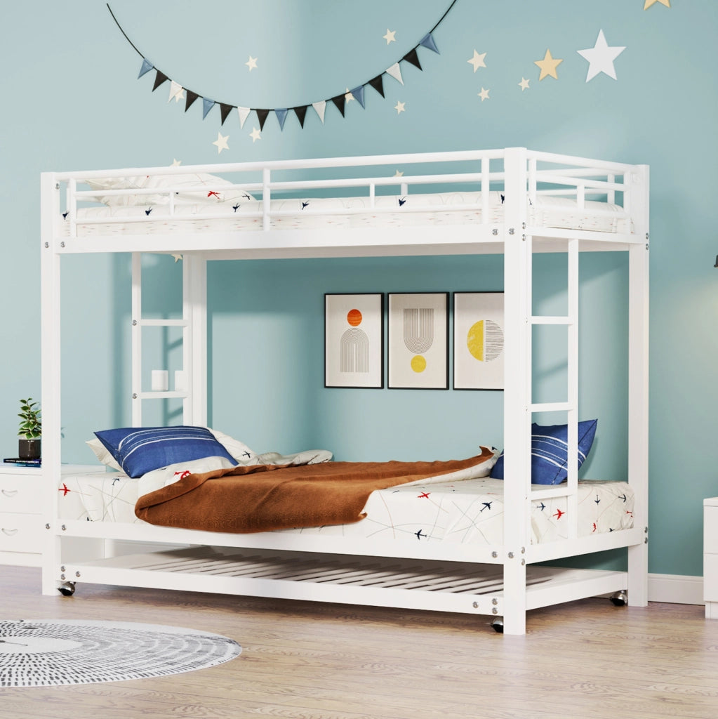 Letto a castello 90x200 cm in metallo con letto estraibile; bianco