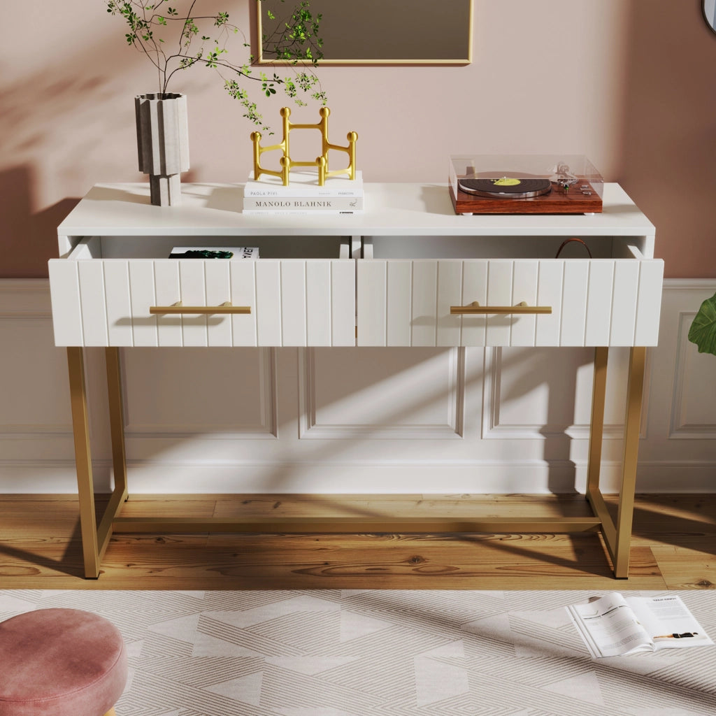 Toeletta moderna con 2 cassetti, struttura in truciolare e base in metallo, bianco, 100x45x75 cm