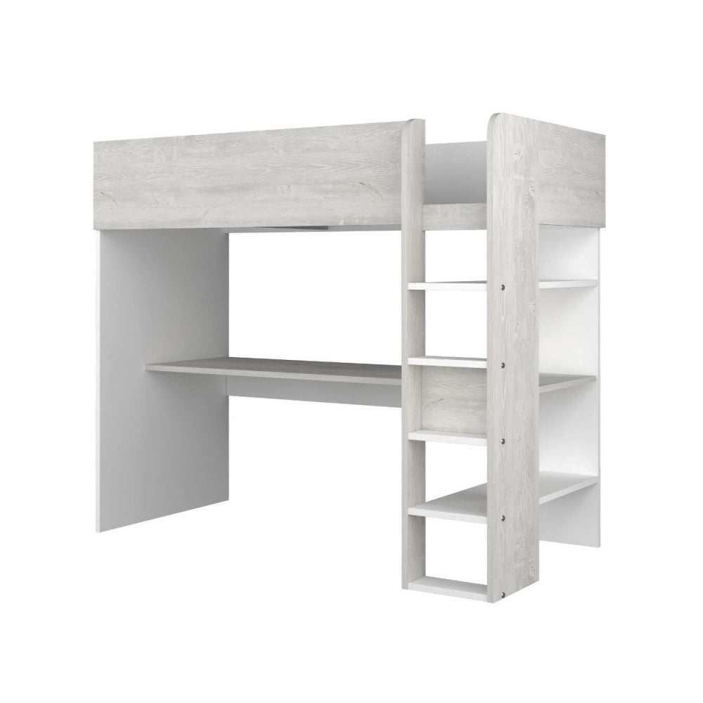 Letto a soppalco bianco consumato e bianco con scrivania 2278