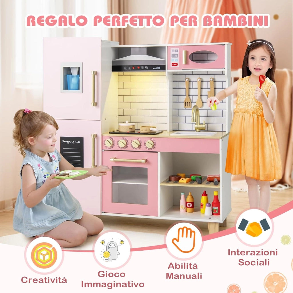 Cucina Giocattolo con Cappa e Fornelli a Suoni e Luci, Cucina per Bambini in Legno con Fabbricatore di Ghiaccio, Microonde, Griglia BBQ e Lavagna, Set Cucina con Accessori, per Bambini 3+ Anni