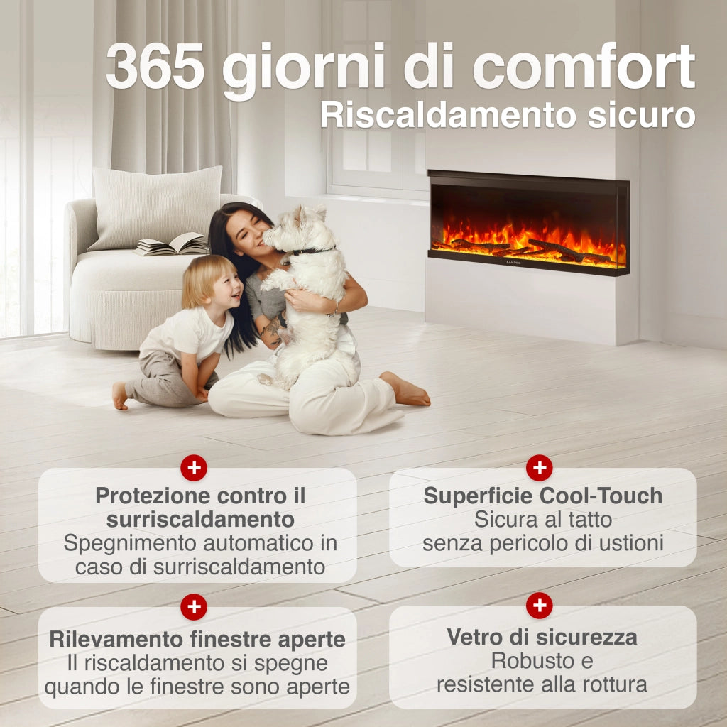 KAMINIO Camino elettrico LEA - Camino 3 in 1 con vista panoramica, riscaldamento, effetto fiamma, 12 colori delle fiamme, telecomando - 36 pollici