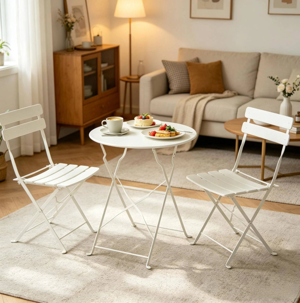 Set da giardino pieghevole con tavolo rotondo e 2 sedie in metallo; crema