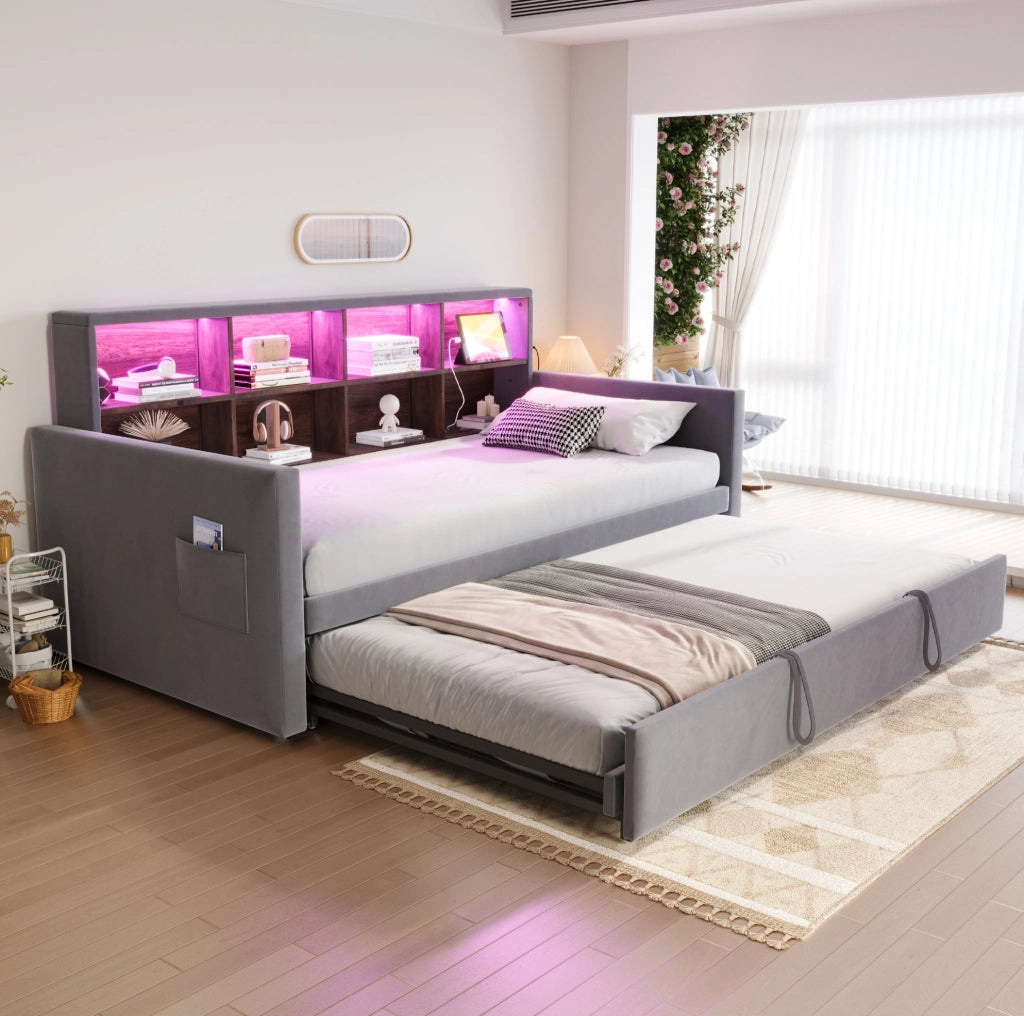 Divano letto imbottito 90x190 cm con letto estraibile; LED; prese USB/Type-C; velluto grigio