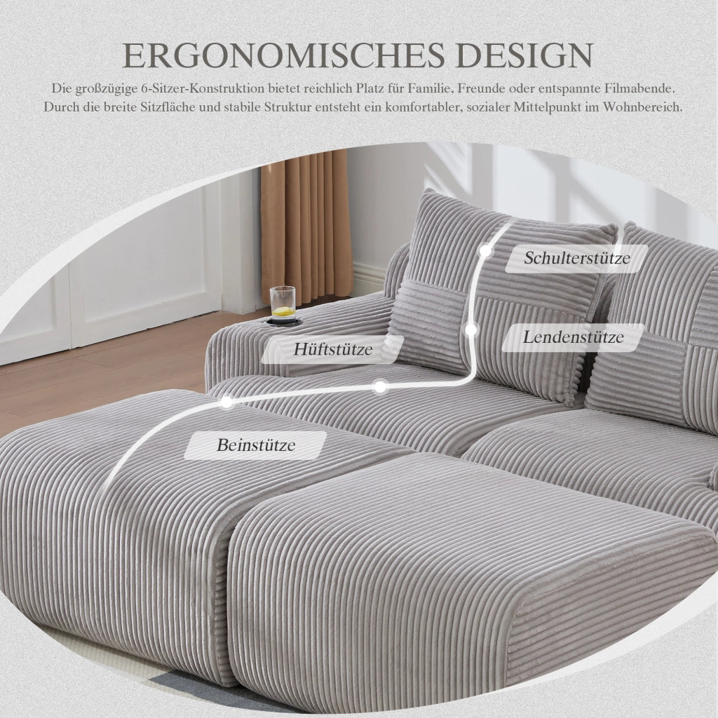 Divano modulare componibile 2 posti con portabicchieri e tasca laterale in corduroy grigio chiaro 200 × 174 × 80 cm