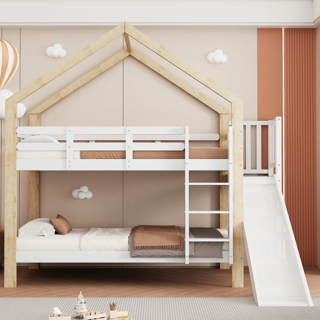 Letto a Castello 90x200 cm con Scivolo e Scala a 3 Gradini in Legno Bianco Naturale