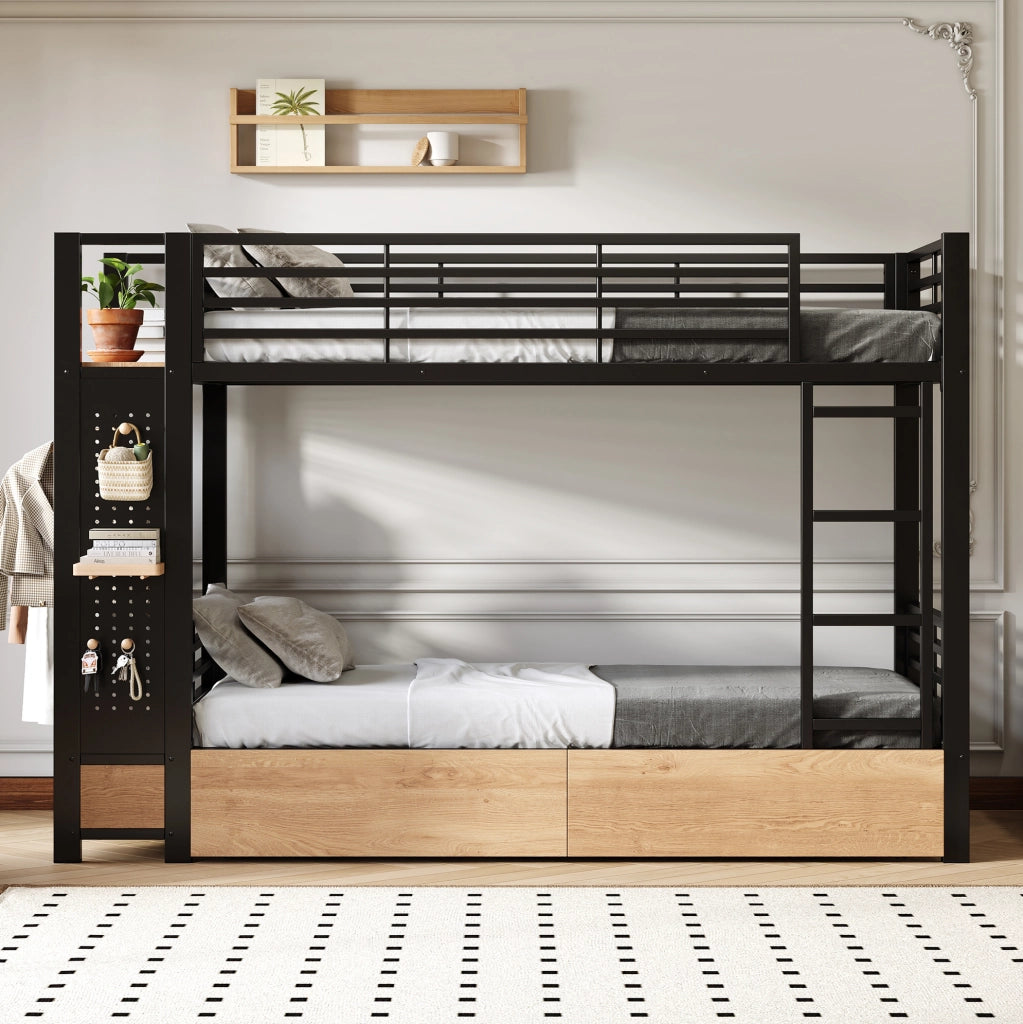 Letto a castello 90x200 cm in metallo e MDF con LED; area appendiabiti e contenitori nero
