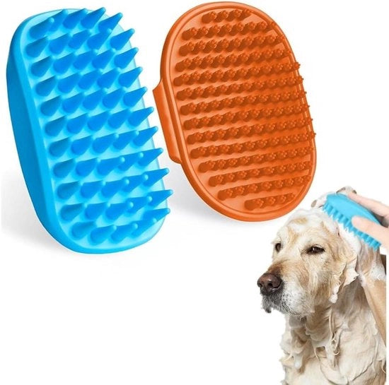 Pennelli in Silicone per Cane da 2 pezzi con Maniglia e Cinturino per Pet con Capelli Corti con Cura della Pelle per Rimozione di Polvere e Sporcizia Morta (Arancione/Azzurro)