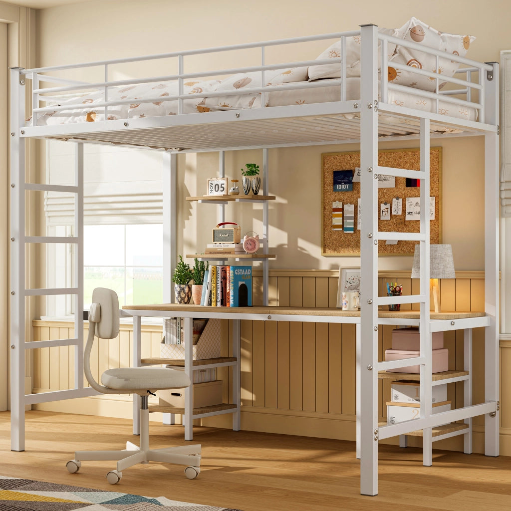 OKWISH Letto a soppalco 90×200 cm, Letto Singolo con Scrivania, Mensole e Scala laterale, senza Materasso, in Metallo e MDF, Bianco