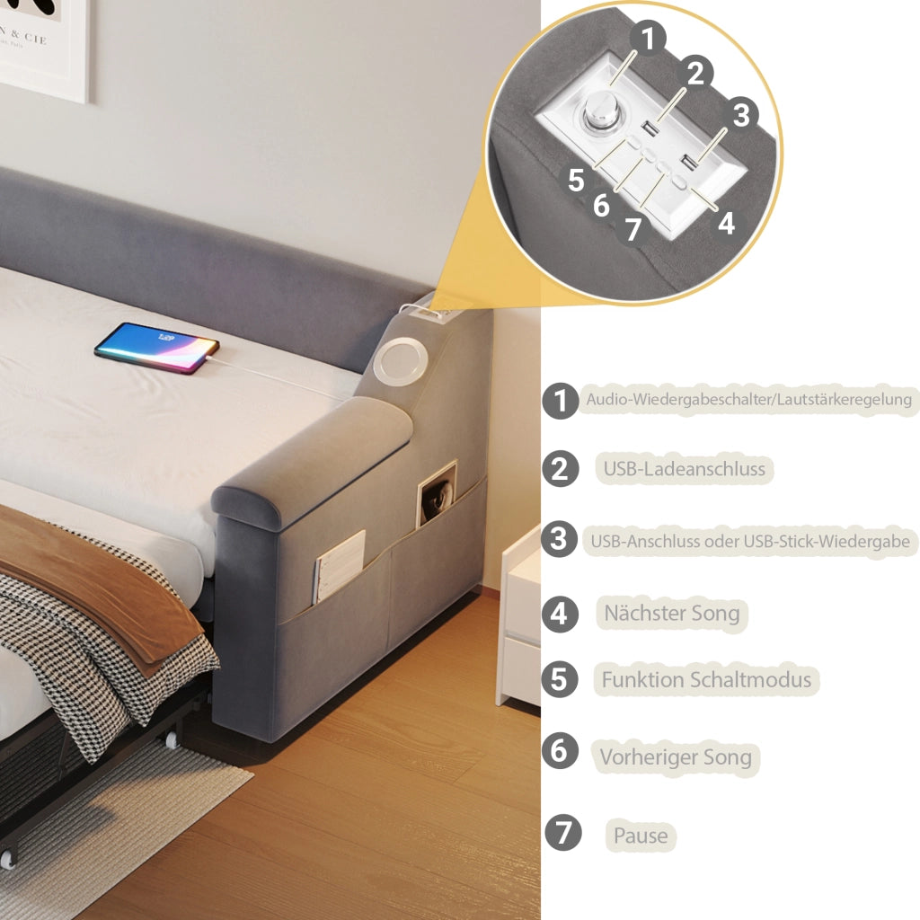 Letto imbottito estraibile matrimoniale 90×190 cm e 180×190 cm con USB; ripiani e Bluetooth; senza materasso; grigio