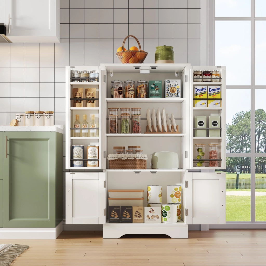 Credenza alta con LED sensore, 2 ripiani regolabili e ante ondulate, per cucina, in MDF bianco 120 × 60 × 40 cm