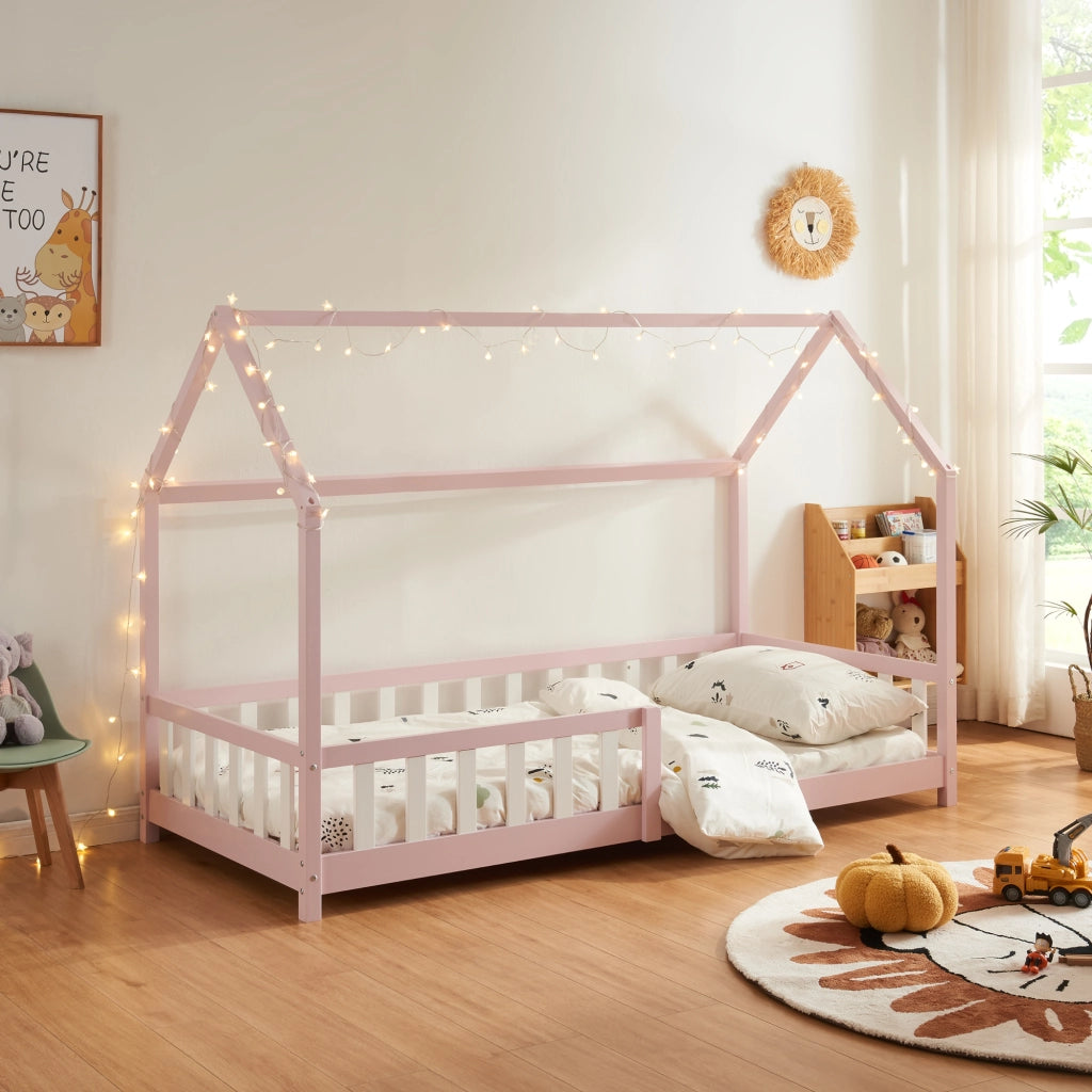 Letto Singolo Hesel per Cameretta a Forma di Casetta 90 x 200 cm Rosa [en.casa]
