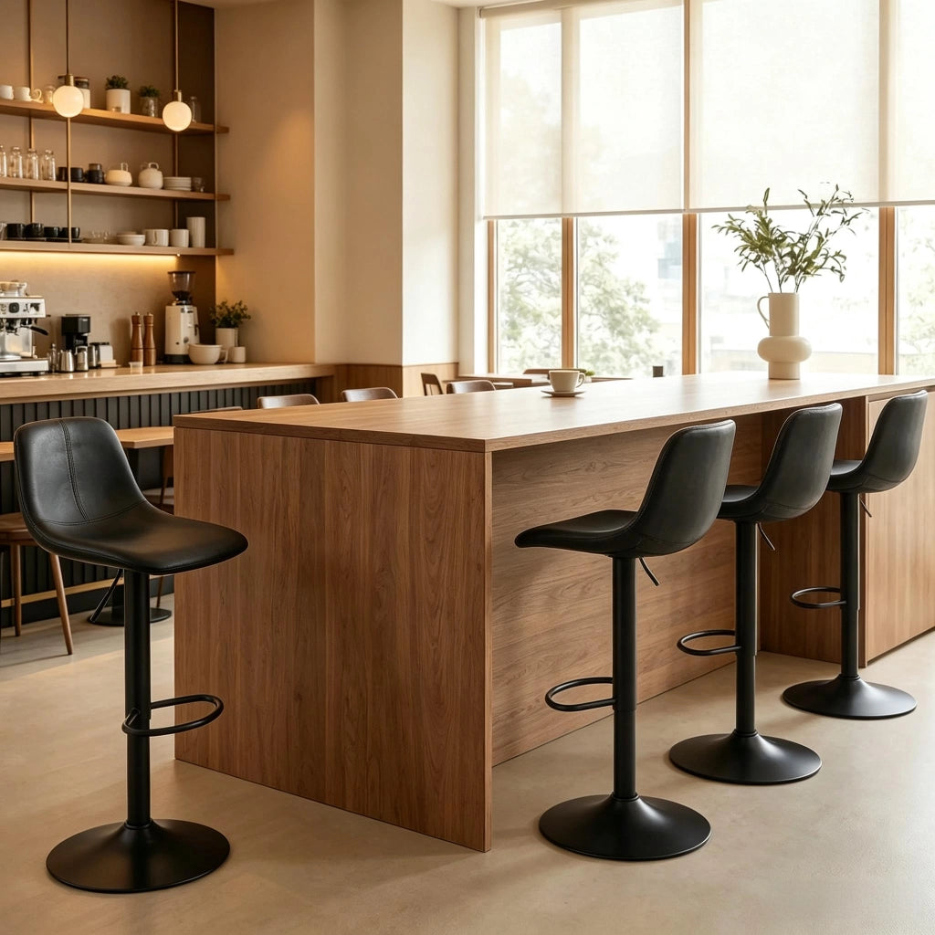 Sgabelli da bar girevoli a 360°, 2 pezzi regolabili in altezza con poggiapiedi, rivestimento in PU nero e base in acciaio