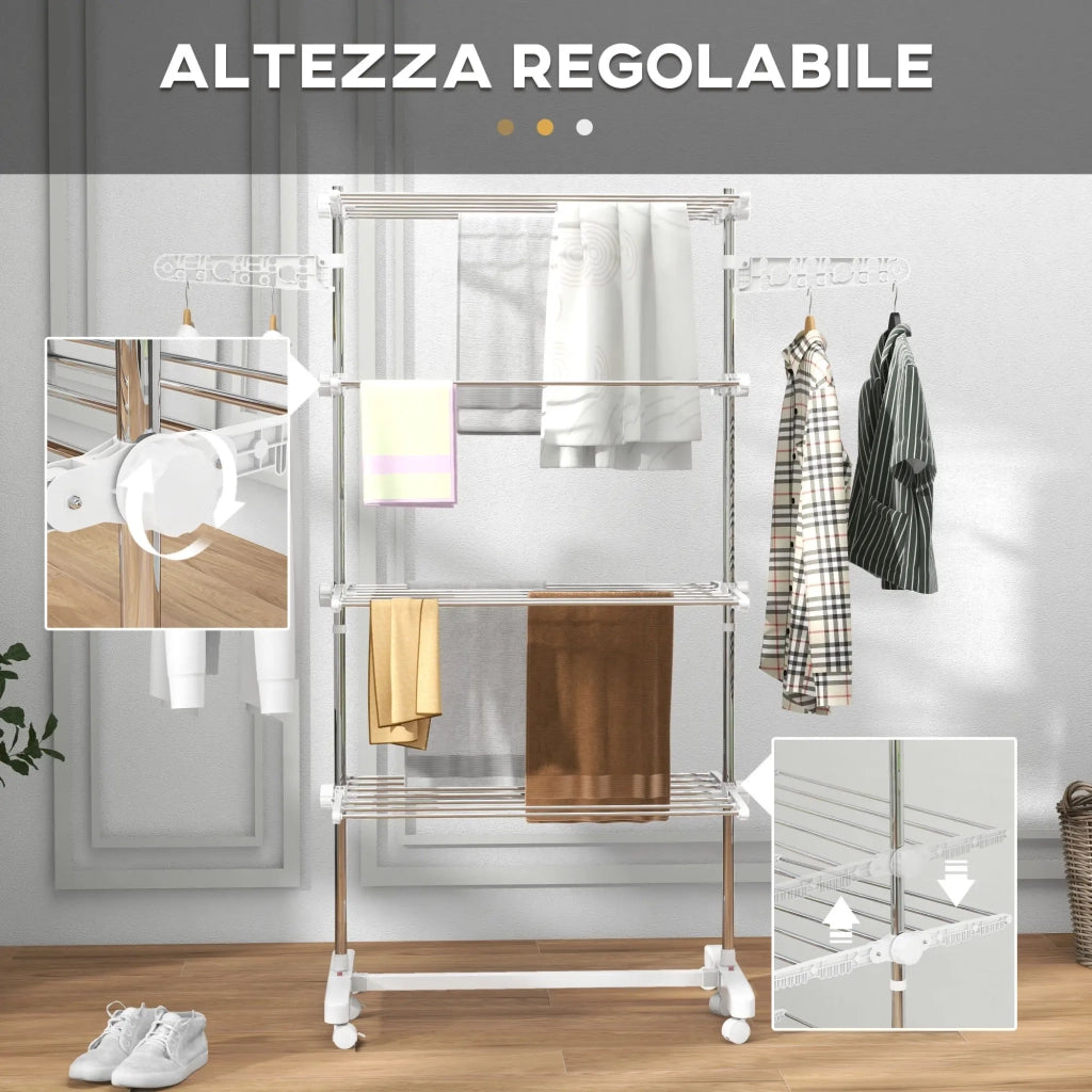 Stendibiancheria 4 Piani Regolabile in Acciaio Inox Premium