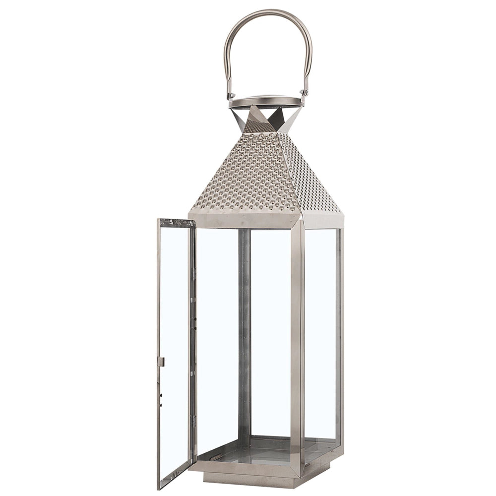 Lanterna in Metallo Argento Portacandele a Colonna in Acciaio Inox H 55 cm