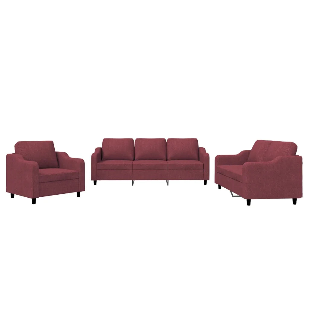 Set di Divani 3 pz con Cuscini Rosso Vino in Tessuto