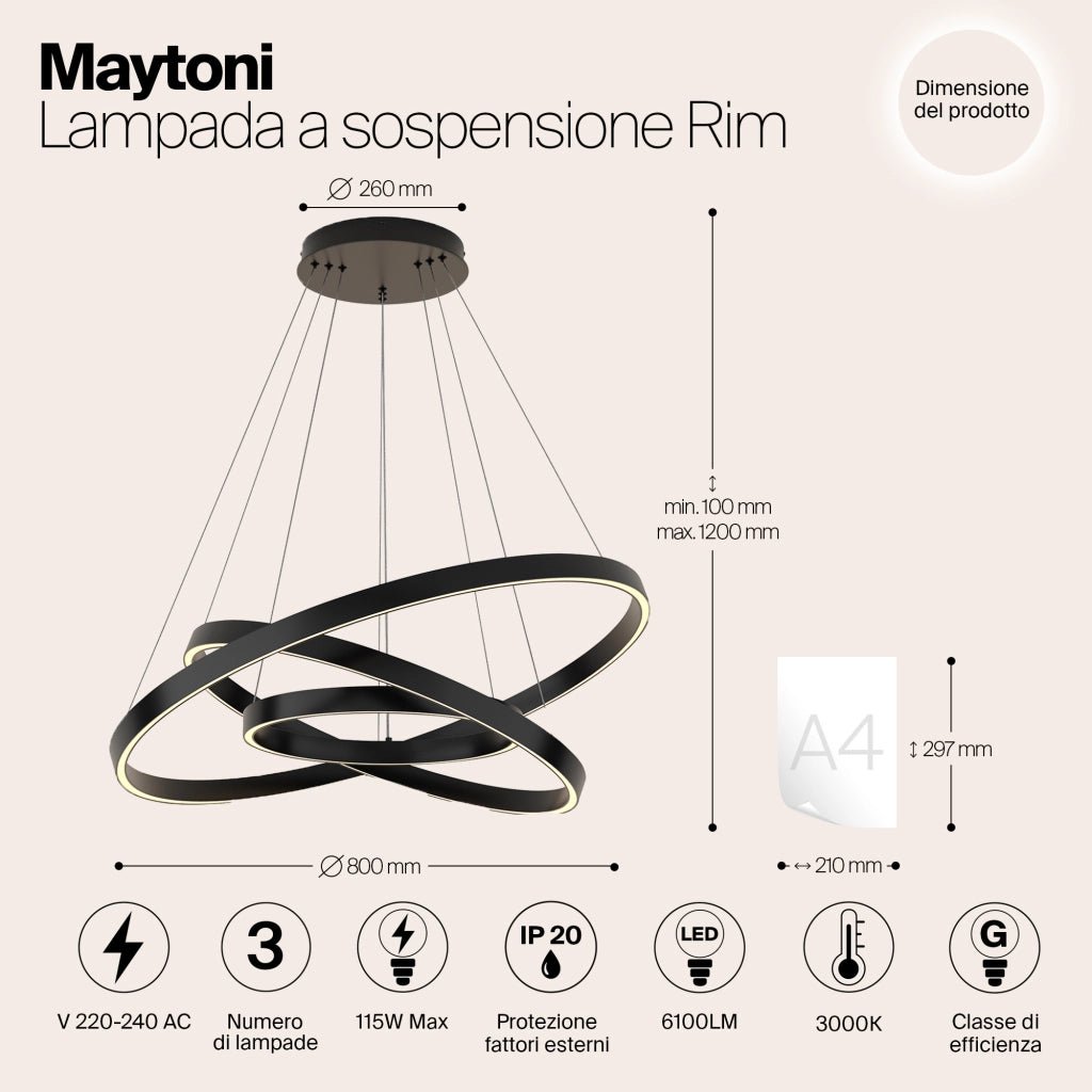 Maytoni Lampadario moderno Rim 1 luce LED integrato nero alluminio