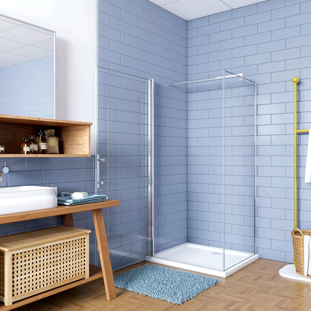 187cm Box Doccia Angolare Porta Battente e Lato Fisso 80x90cm Vetro Trasparente 6mm Anticalcare Barra 140cm Cromato