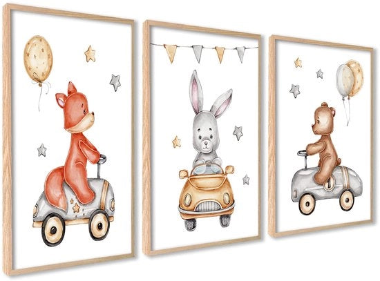 Decorazione per la camera dei bambini - Poster 40x50 cm - Animali in auto - Decorazione per la camera dei bambini - Poster per ragazzi/ragazze - Illustrazioni creative - Disponibile con/ senza listino - Poster per bambini
