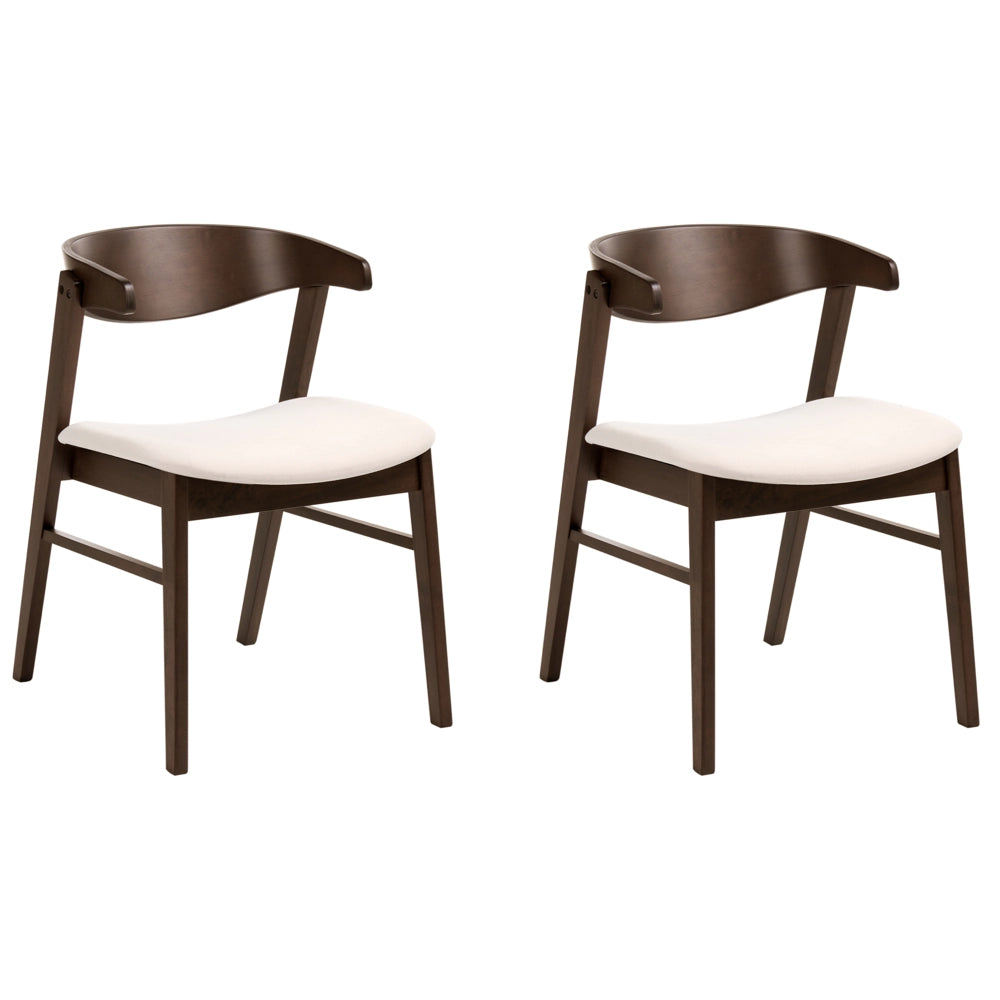Set di 2 sedie da pranzo in tessuto di poliestere marrone scuro e bianco sporco gambe in legno di gomma stile retrò tradizionale