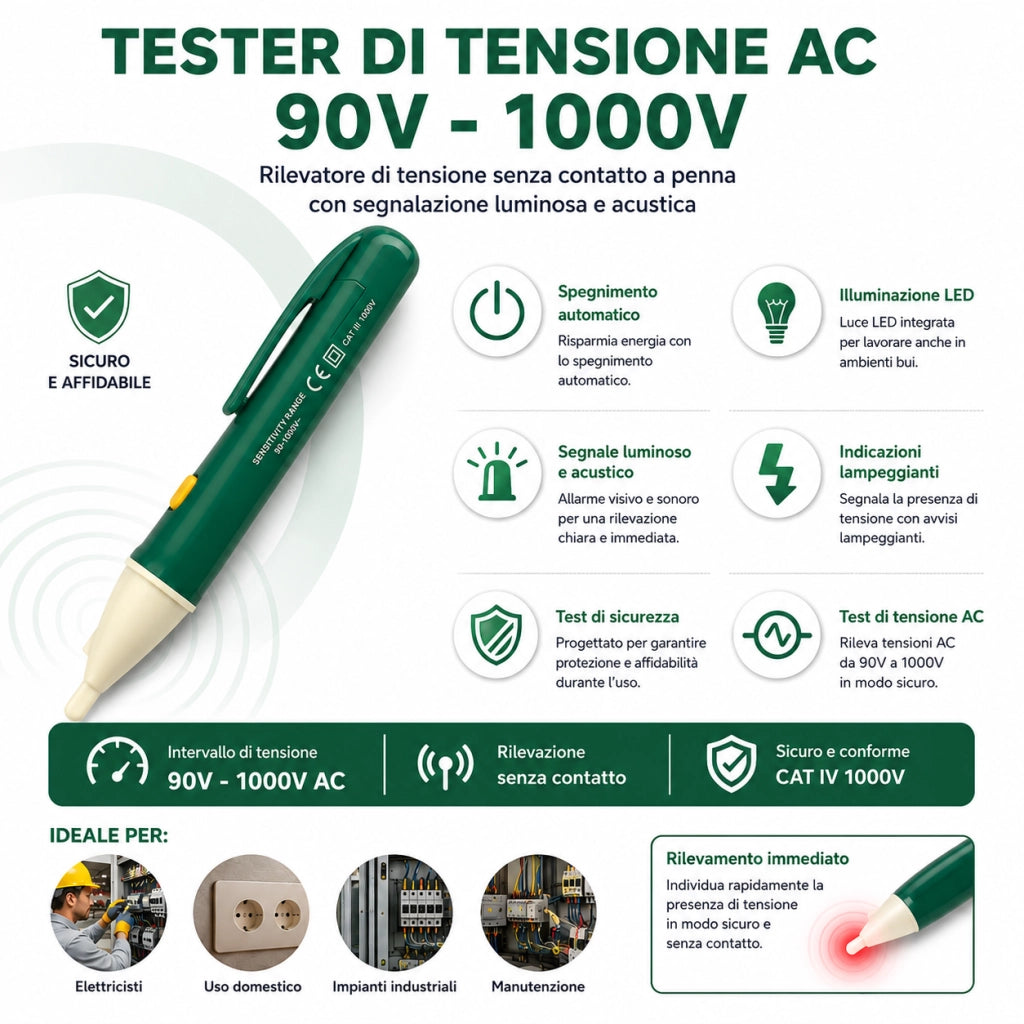 Tester di Tensione Penna Senza Contatto AC 90-1000V Torcia LED Allarme VHT02265