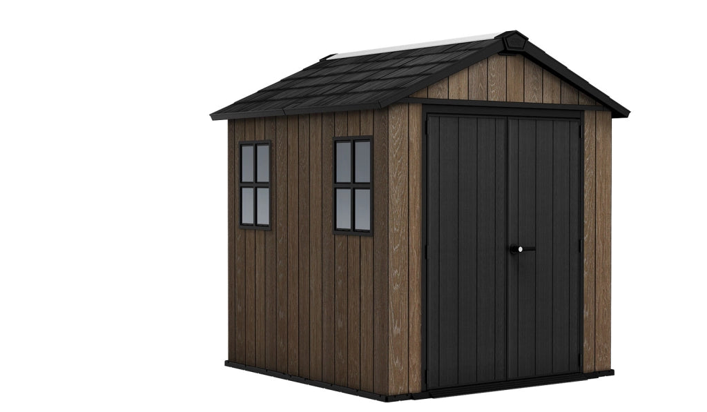 Casetta Box da Giardino 230x230x246 cm Keter Signature Apex 757/775 in Resina Effetto Legno Noce