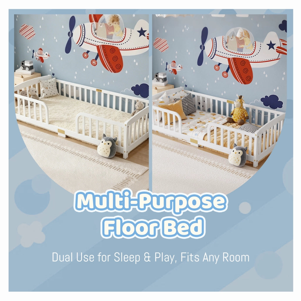 LETTO a pavimento con sponde di sicurezza 90x200 cm legno di pino bianco