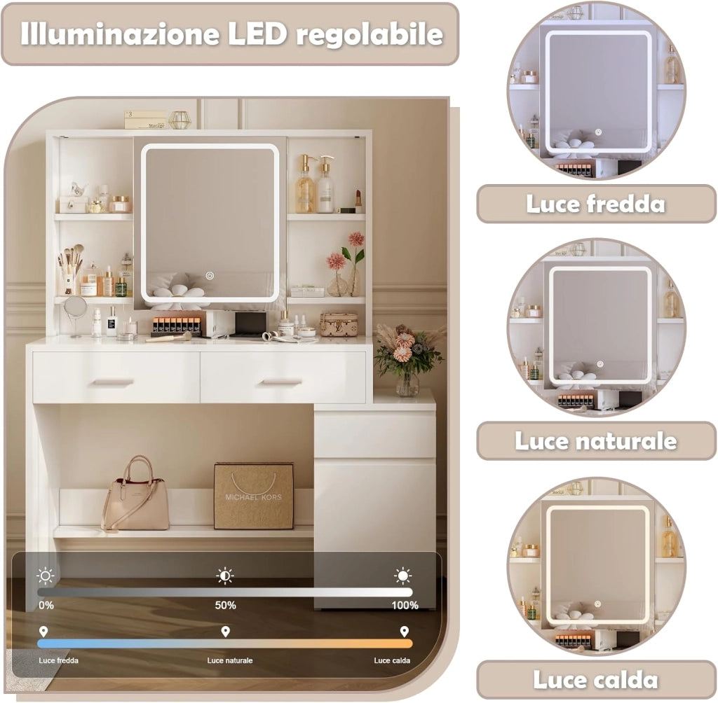 Toeletta Trucco con Luci LED,Tavolo da Trucco con Specchio,3 con Luminosità Regolabile,Postazione Trucco con Cassetti,Ripiani Aperti,Moderno, Bianco