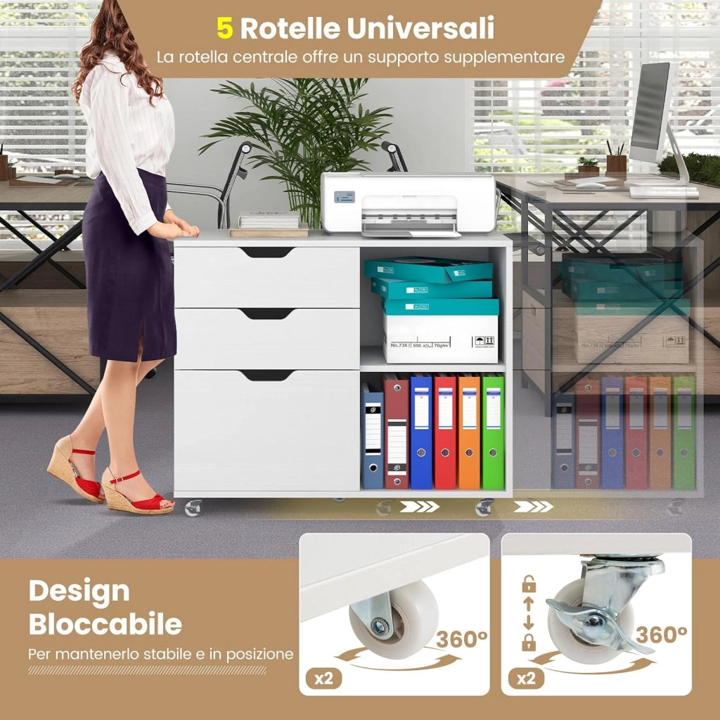 Cassettiera Ufficio, Mobiletto Rimovibili in Legno con 3 Cassetti Regolabili, 2 Scomparti e Ruote con Freno, Credenza Multiuso per Soggirno e Ingresso (Bianco)