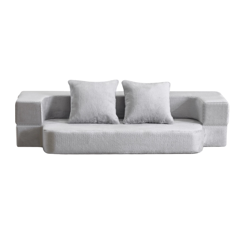 Divano letto trasformabile 2 in 1 in schiuma, tessuto morbido, 2 posti, senza montaggio, grigio chiaro