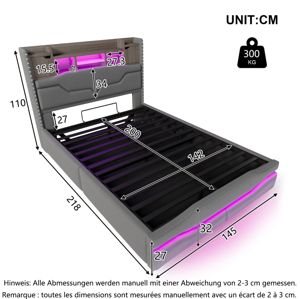 Letto imbottito 140x200 cm con contenitore idraulico, LED e prese USB/Type-C
