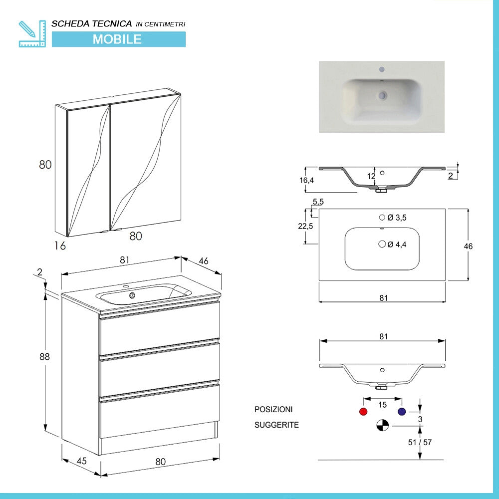 Mobile bagno con specchiera 80 cm rovere miele con cassetti e lavabo incluso Master