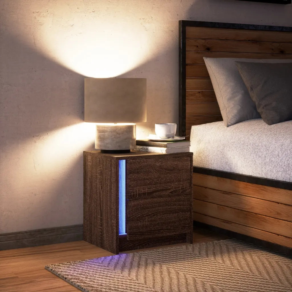 Comodino con Luci LED-Tavolino da notte Rovere Marrone in Legno Multistrato 980934