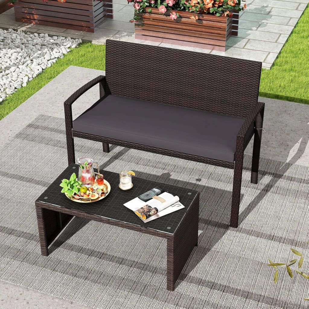 Panchina da Esterno in Rattan PE 110 x 56 x 84 cm, Panchina da Giardino con Morbido Cuscino, Schienale e Braccioli, Poltrona per Veranda, Balcone e Ingresso (Grigio)