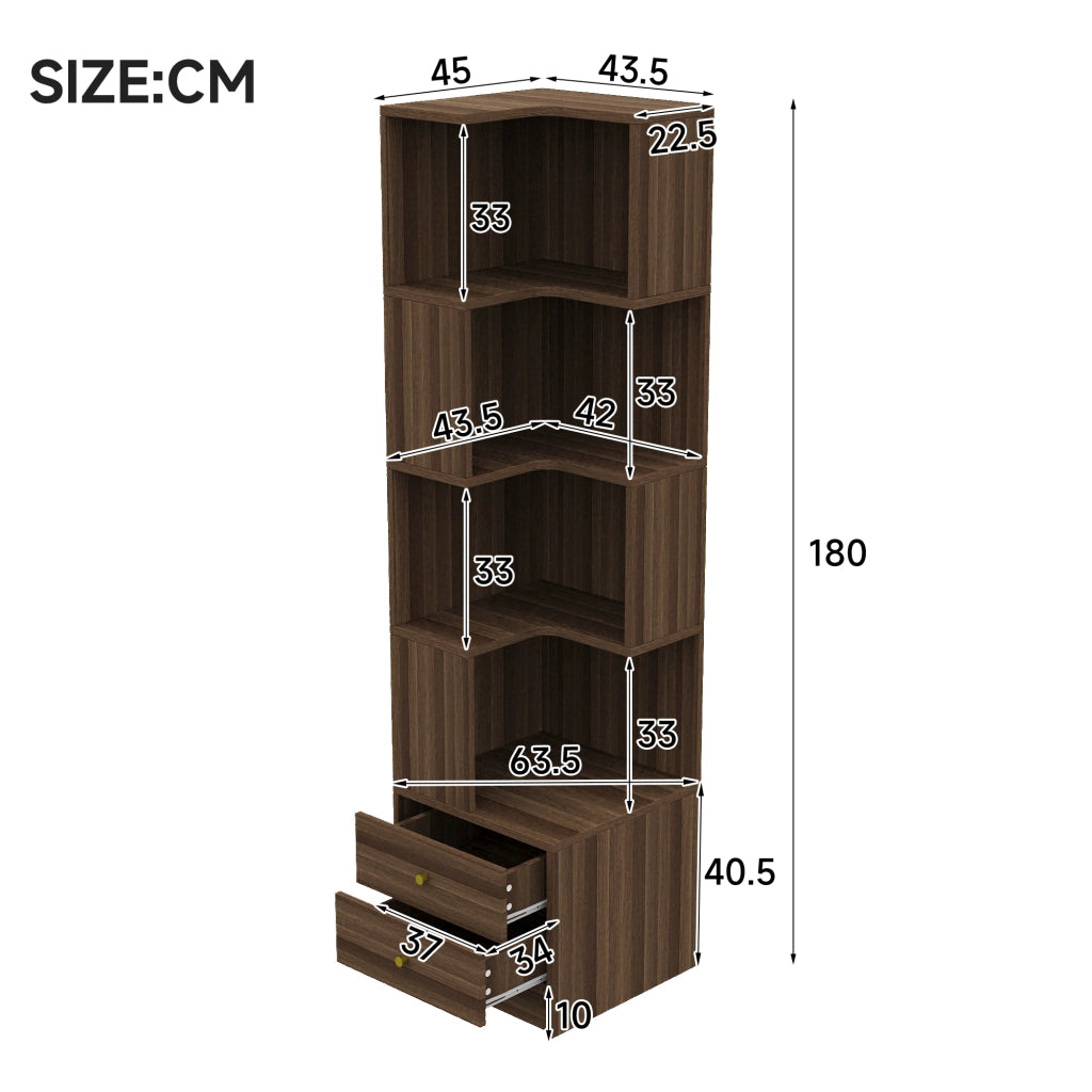 Libreria angolare a L con illuminazione LED controllabile via app, 45 x 43,5 x 180 cm, marrone