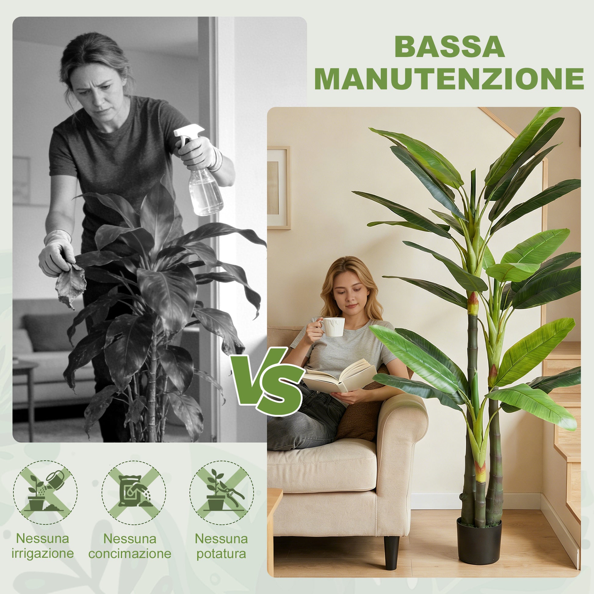 Pianta Artificiale Albero di Banano Finto con 18 Foglie Alto 180 cm Verde
