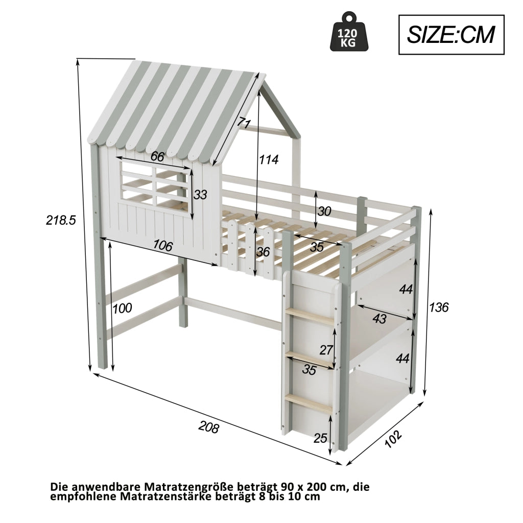 DESMIU Letto a casetta per bambini 1 posto con barriera di sicurezza e mensola, 90 × 200 cm, senza materasso, verde