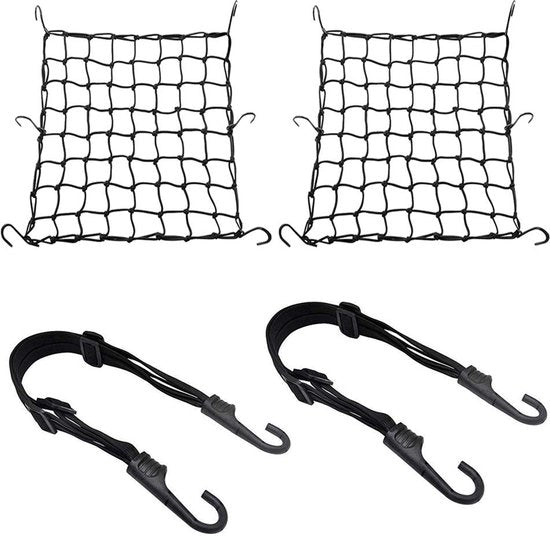 Due reti di bagaglio per bicicletta, due reti di bagaglio per motori, due spanne di bagaglio con gancio, cinghia di freno per bicicletta, rete di protezione per la testa con gancio, cintura elastica di bagaglio