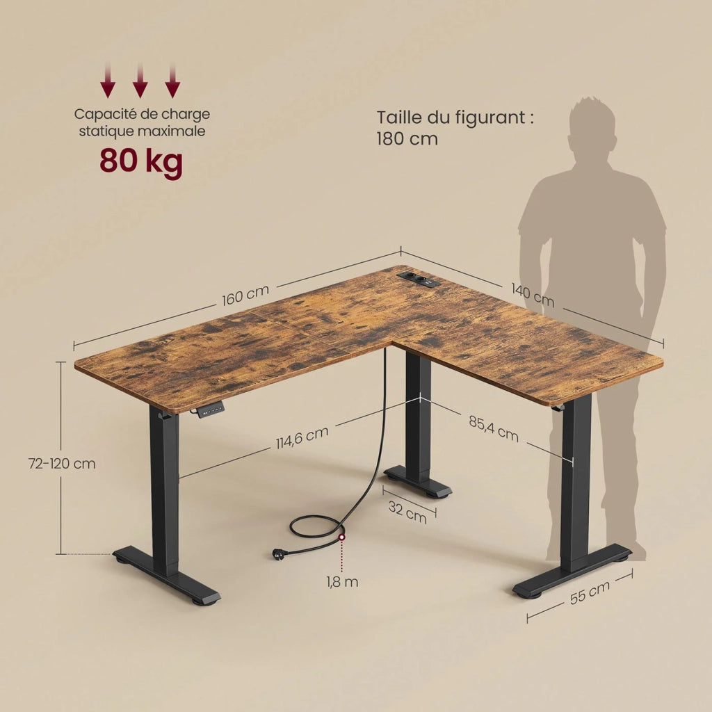 Scrivania angolare elettrica regolabile in altezza 140 x 160 cm con multipresa funzione memory 2 impostazioni di altezza per lavoro a distanza marrone 12_0004614