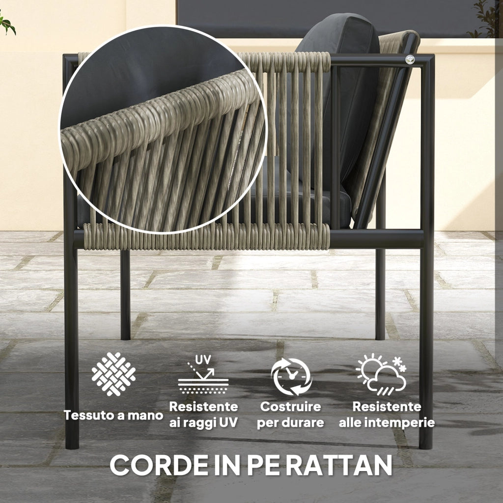 Set Salotto da Giardino con 2 Poltrone Divanetto e Tavolino da Caffè in Vetro in Rattan Grigio