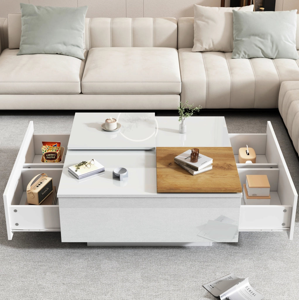 Tavolino da caffè bianco lucido 75x75 cm con 4 cassetti