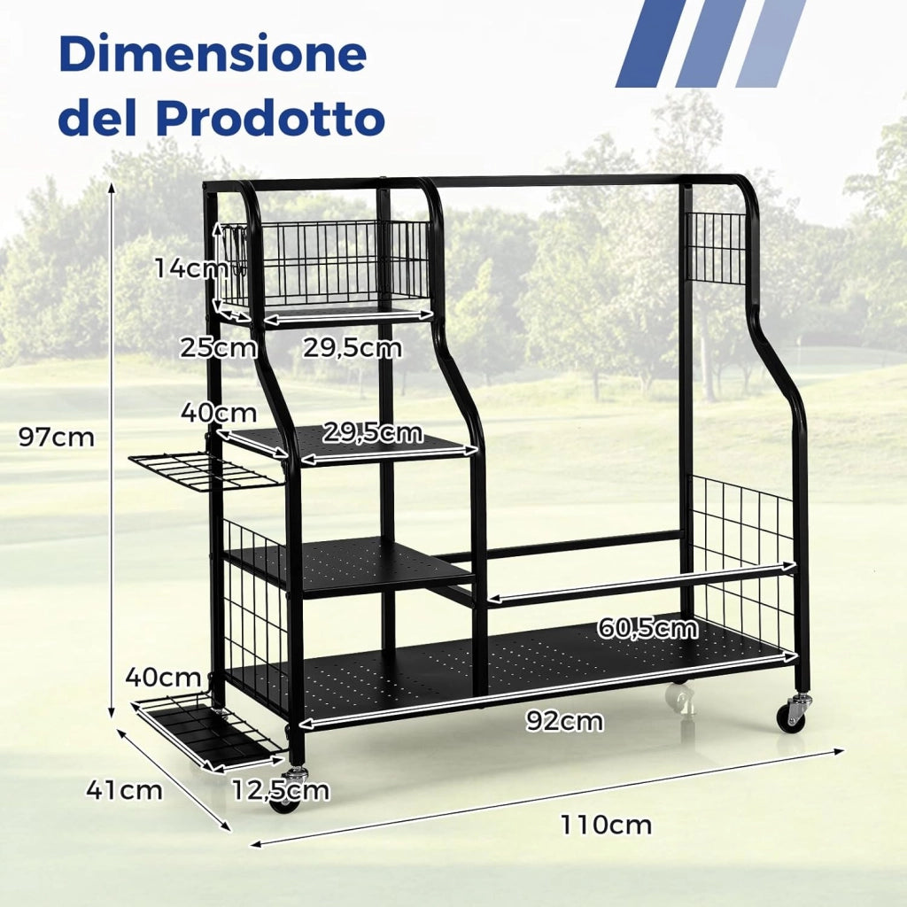 Organizer per Sacca da Golf, Supporto per 2 Borse da Golf con Extra Scaffale di Stoccaggio per Mazze da Golf, 6 Ganci Rimovibili e 4 Ruote per Garage e Club