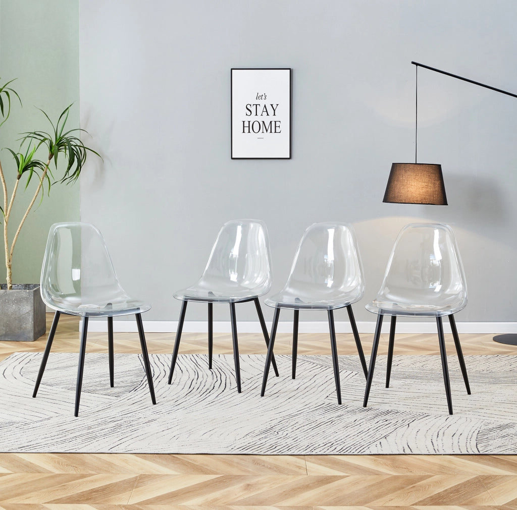 Set di 4 sedie da pranzo in plastica trasparente con gambe in metallo nero; 83 cm