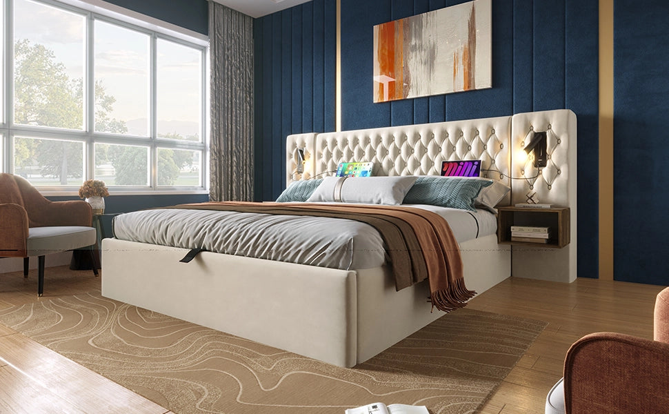 Letto contenitore matrimoniale 160 × 200 cm con 2 comodini, lampade da lettura, USB e Tipo-C, con materasso, beige