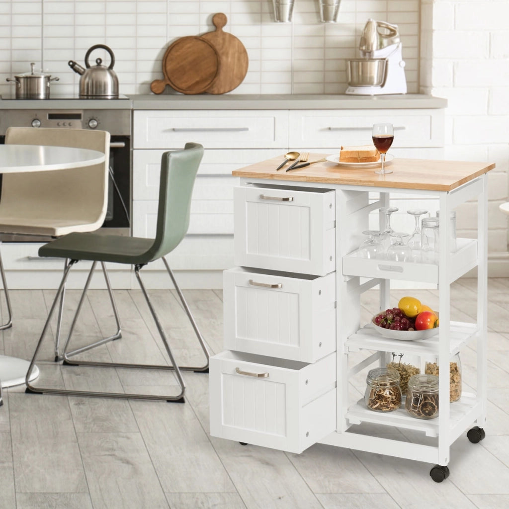 Carrello da cucina in legno di gommaBuffet-Armadio da cucina Carrellino con vassoio 2 mensole e 3 cassetti, Bianco